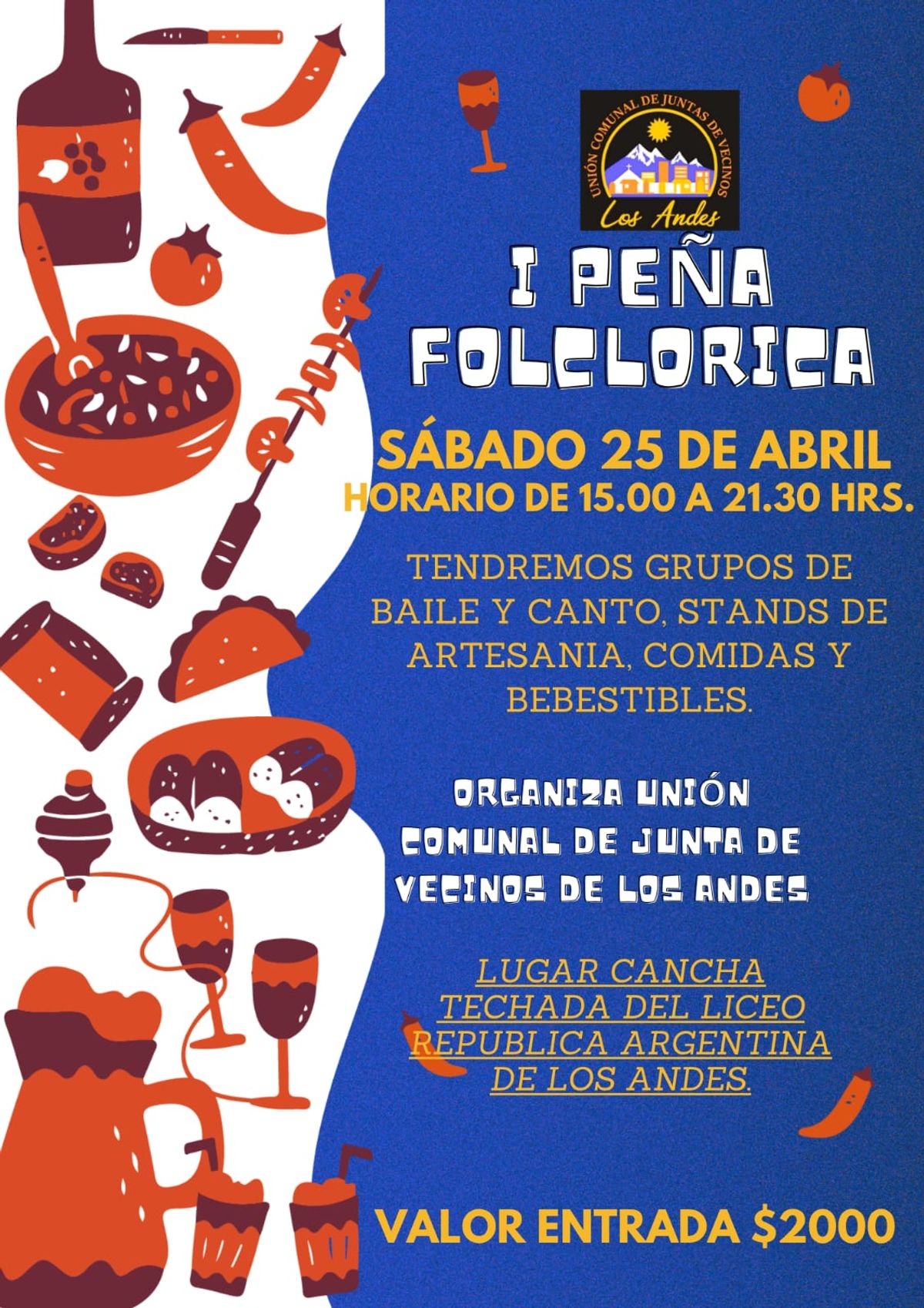 Unión Comunal de Juntas de Vecinos de Los Andes invita a su primera Peña Folclórica