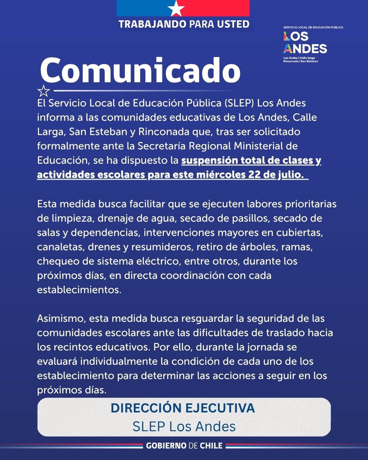 SUSPENSIÓN CLASES SLEP LOS ANDES SUSPENSIÓN CLASES SLEP LOS ANDES