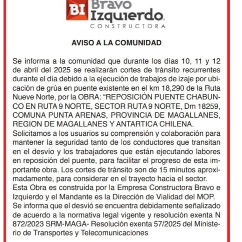 Cortes intermitentes de transito por izaje _ obra Reposición Puente Chabunco Cortes intermitentes de transito por izaje _ obra Reposición Puente Chabunco